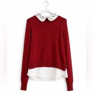 Modcloth holiday sweater Maroon Layered collar lights festive Peter Pan collar